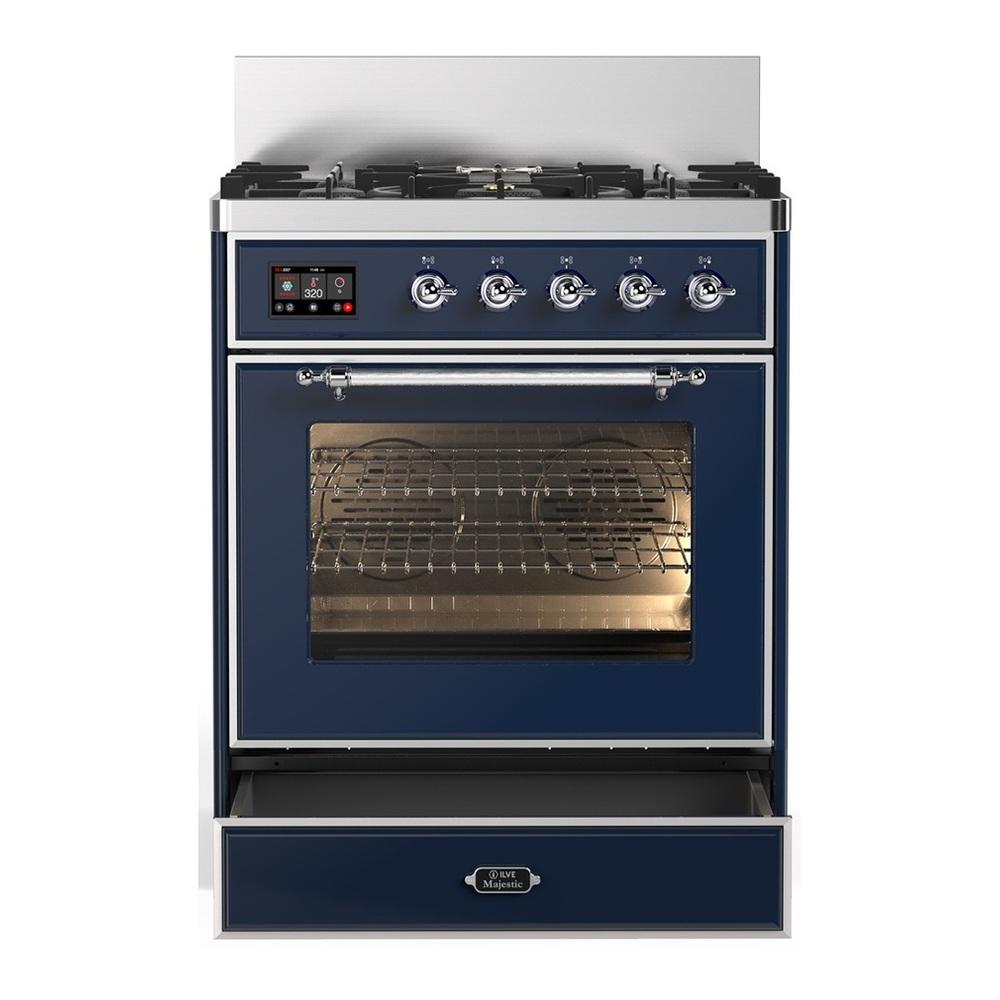 Ilve UM30NR3MBCLP Ilve Um30Nr3Mbclp Majestic Iii 30 Inch Dual Fuel Range With 5 Black Brass Burners, Dual Function Burner Up To 25,000 Btu (Liquid Propane, Triple Glass Door, Midnight Blue, Chrome)