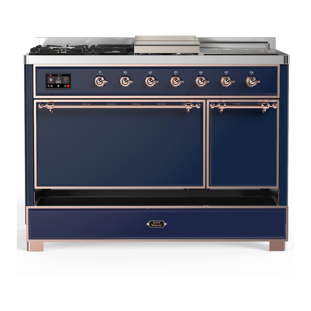 Ilve UM48FSQNR3MBPLP Ilve Um48Fsqnr3Mbplp Majestic Iii 48 Inch Dual Fuel Range With 5 Black Brass Burners, Griddle And French Top, Dual Function Burner Up To 25,000 Btu (Liquid Propane, Solid Door, Midnight Blue, Copper)