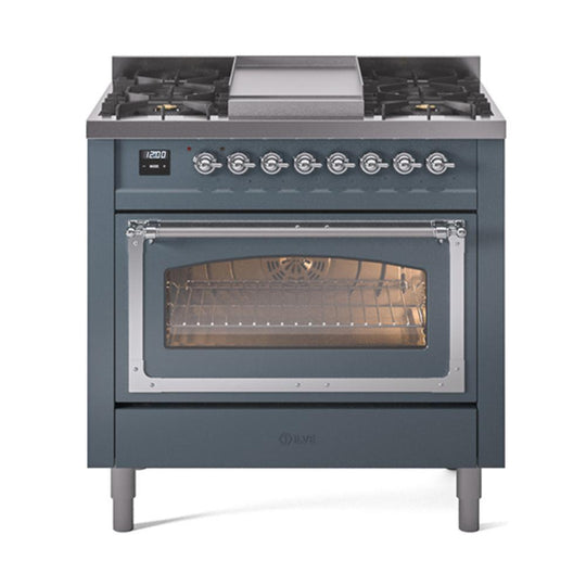 Ilve UN36FNMPBGC Ilve Un36Fnmpbgc Nostalgie Ii Noblesse 36" Dual Fuel Range (Natural Gas, Triple Glass Door, Blue Grey, Chrome)