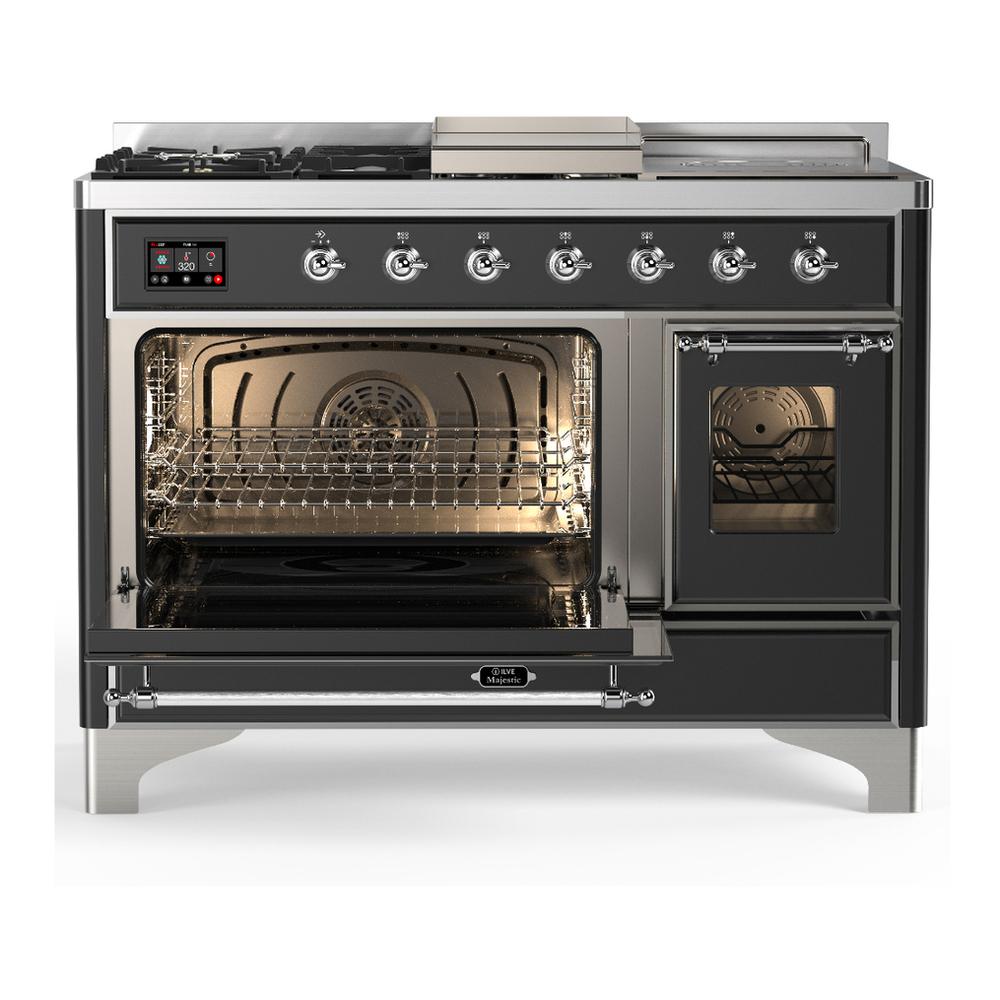 Ilve UM48FSNR3MGCLP Ilve Um48Fsnr3Mgclp Majestic Iii 48 Inch Dual Fuel Range With 5 Black Brass Burners, Griddle And French Top, Dual Function Burner Up To 25,000 Btu (Liquid Propane, Triple Glass Door, Graphite Matte, Chrome)