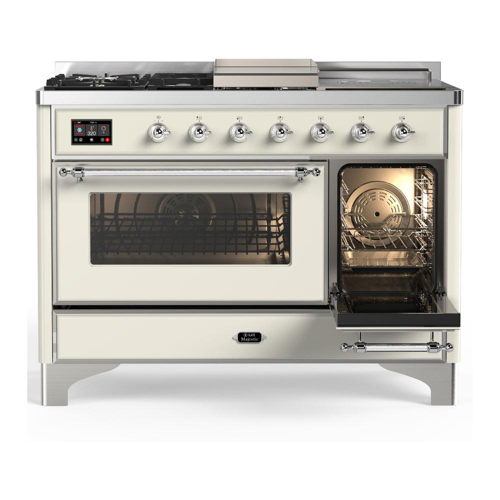 Ilve UM48FSNR3AWCLP Ilve Um48Fsnr3Awclp Majestic Iii 48 Inch Dual Fuel Range With 5 Black Brass Burners, Griddle And French Top, Dual Function Burner Up To 25,000 Btu (Liquid Propane, Triple Glass Door, Antique White, Chrome)