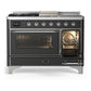 Ilve UM48FSNR3MGC Ilve Um48Fsnr3Mgc Majestic Iii 48 Inch Dual Fuel Range With 5 Black Brass Burners, Griddle And French Top, Dual Function Burner Up To 25,000 Btu (Natural Gas, Triple Glass Door, Graphite Matte, Chrome)