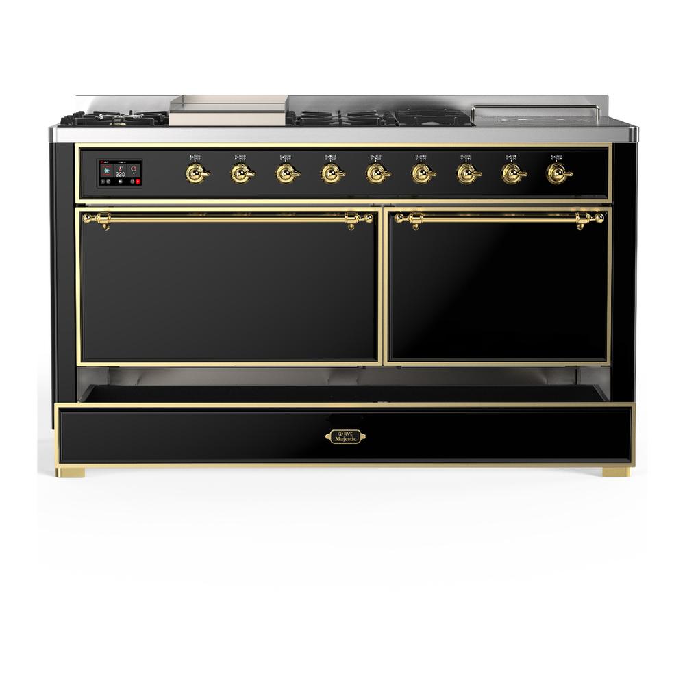 Ilve UM60FSQNR3BKGLP Ilve Um60Fsqnr3Bkglp Majestic Iii 60 Inch Dual Fuel Range With 7 Burners, Griddle And French Top, Dual Function Burner With Up To 25,000 Btu (Liquid Propane, Solid Door, Glossy Black, Brass)
