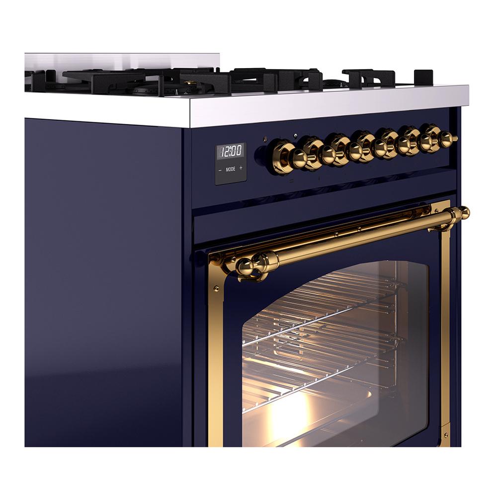 Ilve UN30NMPMBGLP Ilve Un30Nmpmbglp Nostalgie Ii Noblesse 30" Dual Fuel Range (Liquid Propane, Triple Glass Door, Midnight Blue, Brass)