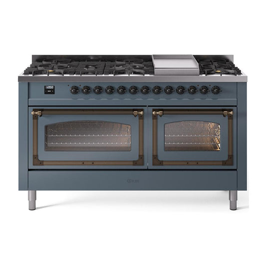 Ilve UN60FNMPBGB Ilve Un60Fnmpbgb Nostalgie Ii Noblesse 60" Dual Fuel Range (9 Sealed Burners + Griddle, Natural Gas, Triple Glass Door, Blue Grey, Burnished)