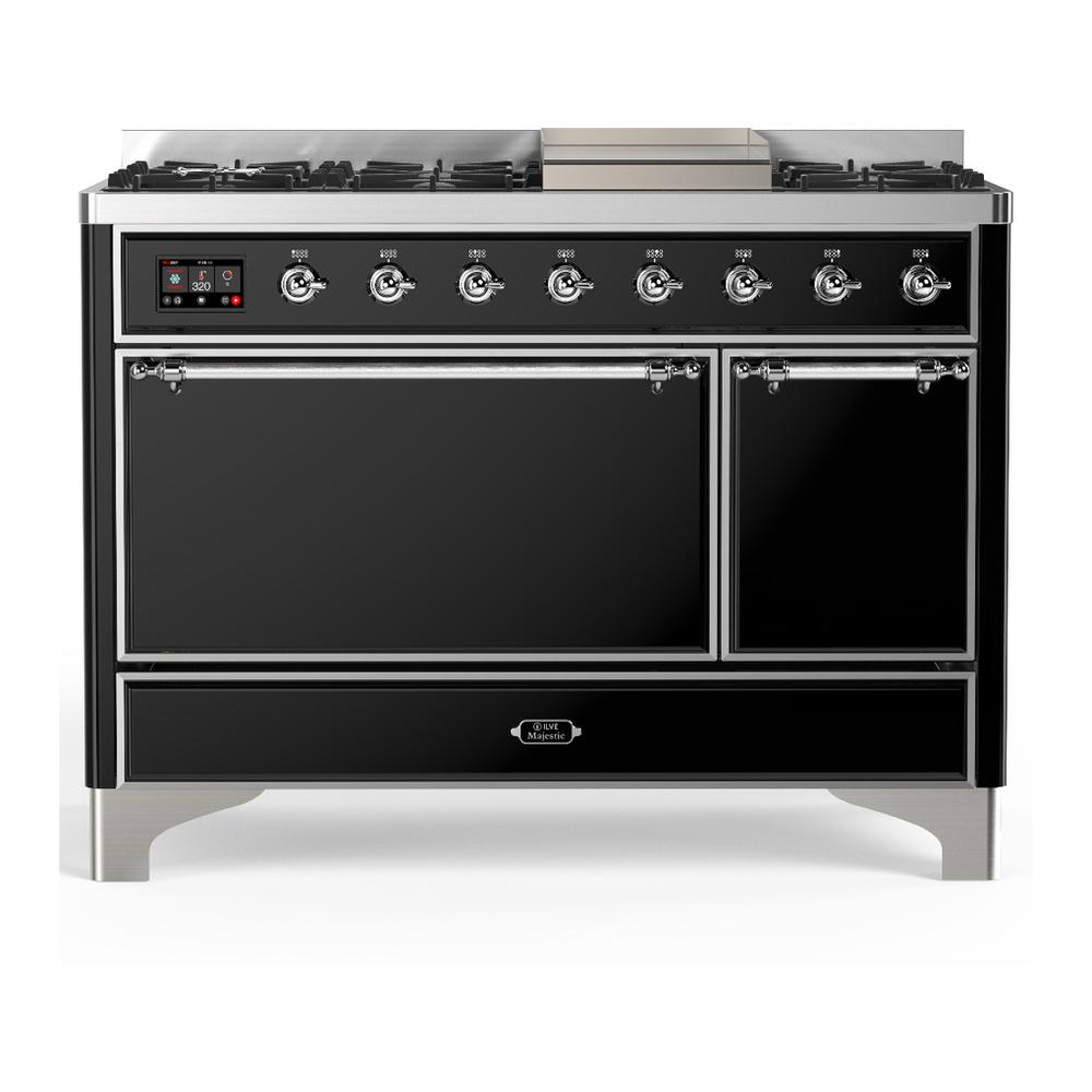 Ilve UM48FQNR3BKCLP Ilve Um48Fqnr3Bkclp Majestic Iii 48 Inch Dual Fuel Range With 8 Burners And Griddle, Dual Function Burner Up To 25,000 Btu (Liquid Propane, Solid Door, Glossy Black, Chrome)