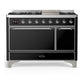 Ilve UM48FQNR3BKCLP Ilve Um48Fqnr3Bkclp Majestic Iii 48 Inch Dual Fuel Range With 8 Burners And Griddle, Dual Function Burner Up To 25,000 Btu (Liquid Propane, Solid Door, Glossy Black, Chrome)