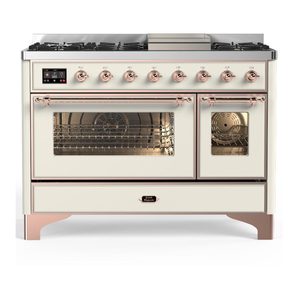 Ilve UM48FNR3AWP Ilve Um48Fnr3Awp Majestic Iii 48 Inch Dual Fuel Range With 8 Burners And Griddle, Dual Function Burner Up To 25,000 Btu (Natural Gas, Triple Glass Door, Antique White, Copper)