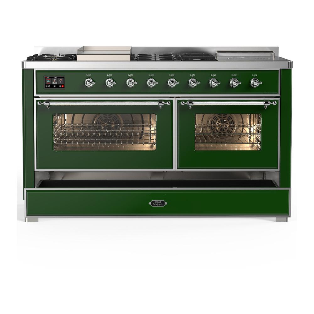 Ilve UM60FSNR3EGCLP Ilve Um60Fsnr3Egclp Majestic Iii 60 Inch Dual Fuel Range With 7 Burners, Griddle And French Top, Dual Function Burner With Up To 25,000 Btu (Liquid Propane, Triple Glass Door, Emerald Green, Chrome)