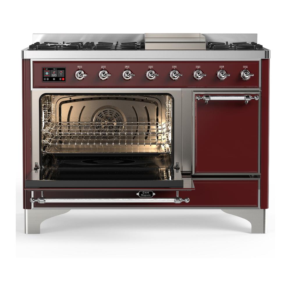 Ilve UM48FQNR3BUCLP Ilve Um48Fqnr3Buclp Majestic Iii 48 Inch Dual Fuel Range With 8 Burners And Griddle, Dual Function Burner Up To 25,000 Btu (Liquid Propane, Solid Door, Burgundy, Chrome)