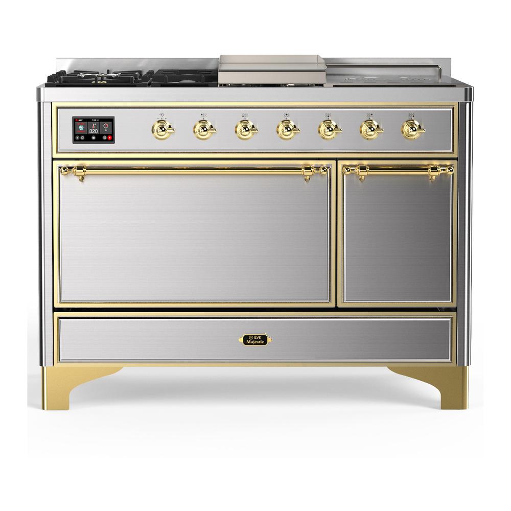 Ilve UM48FSQNR3SSGLP Ilve Um48Fsqnr3Ssglp Majestic Iii 48 Inch Dual Fuel Range With 5 Black Brass Burners, Griddle And French Top, Dual Function Burner Up To 25,000 Btu (Liquid Propane, Solid Door, Stainless Steel, Brass)