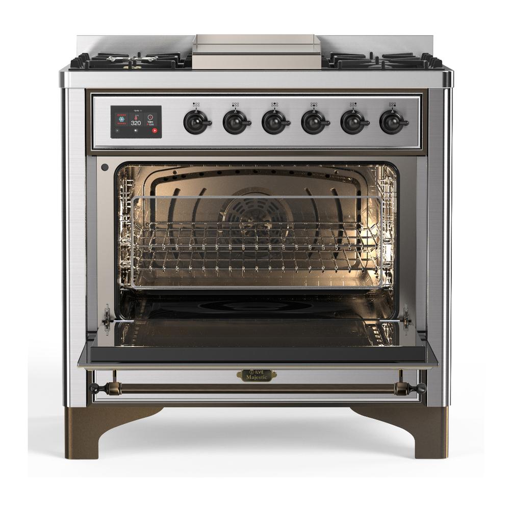 Ilve UM36FQNR3SSB Ilve Um36Fqnr3Ssb Majestic Iii 36 Inch Dual Fuel Range With 6 Black Brass Burners And Griddle, Dual Function Burner Up To 25,000 Btu (Solid Door, Stainless Steel, Burnished, Natural Gas)