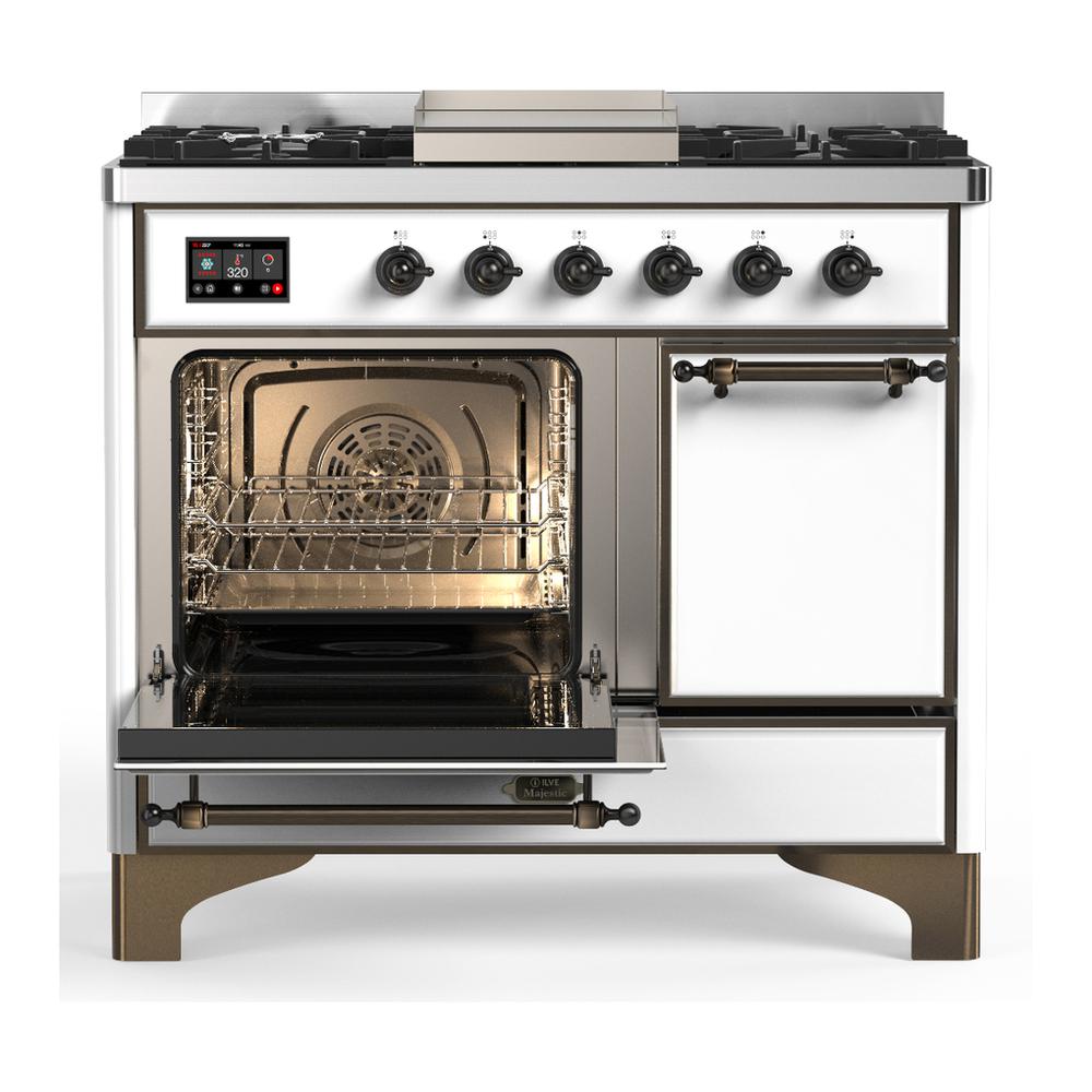 Ilve UMD40FQNR3WHB Ilve Umd40Fqnr3Whb Majestic Iii 40 Inch Dual Fuel Range With 6 Burners And Griddle, Dual Function Burner Up To 25,000 Btu (Natural Gas, Solid Door, White, Burnished)