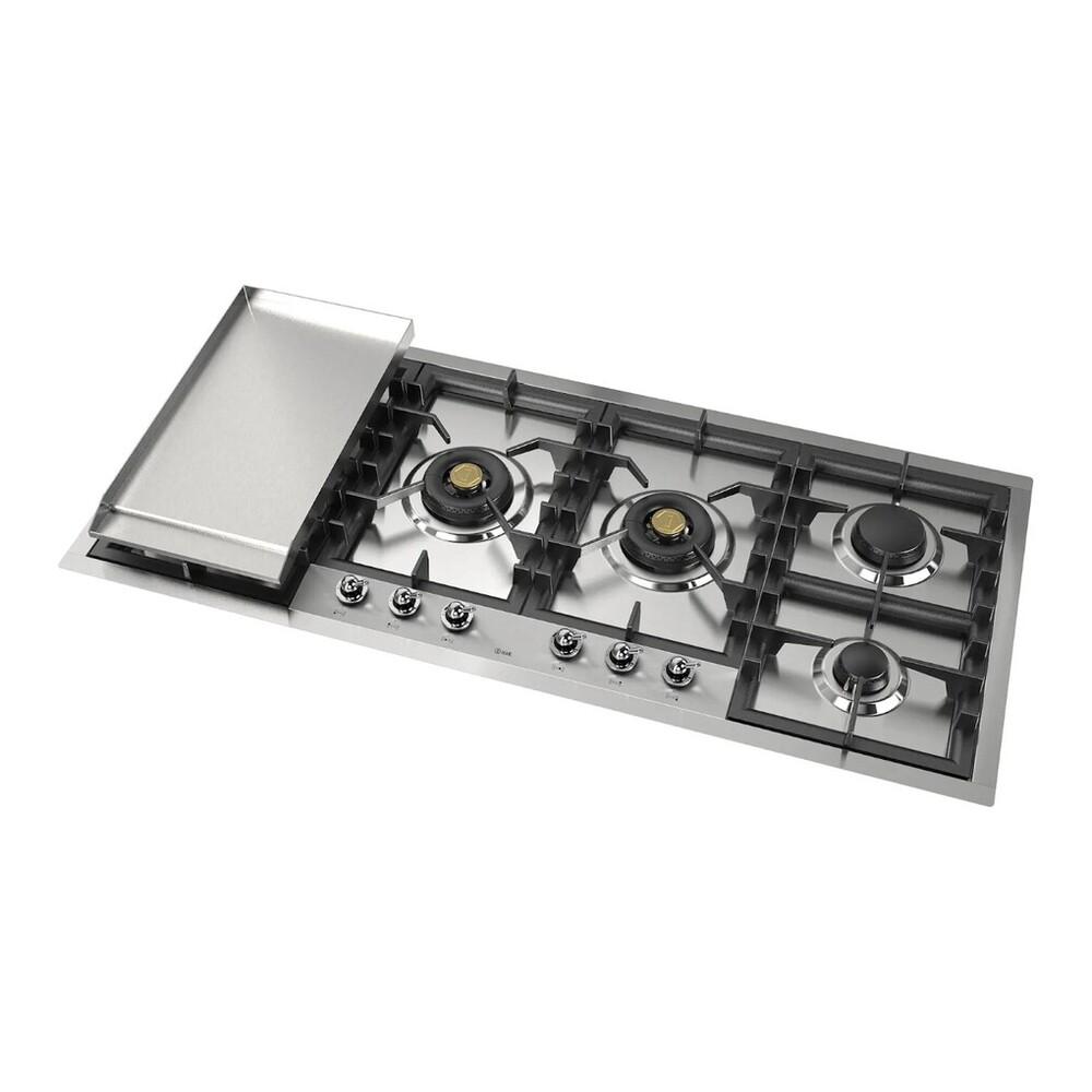 Ilve UHCPT125FNSSCLP Ilve Uhcpt125Fnssclp Nostalgie Ii 48 Inch Built-In Gas Cooktop With Total Black Brass Burners, In Stainless Steel (6 Sealed Burners + Left Griddle, Liquid Propane, Chrome)