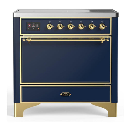 Ilve UMIB36QNR3MBG Ilve Umib36Qnr3Mbg Majestic Iii 36 Inch Induction Range With 6 Elements, 3.5 Cu. Ft. Total Oven Capacity (Solid Door, Midnight Blue, Brass)
