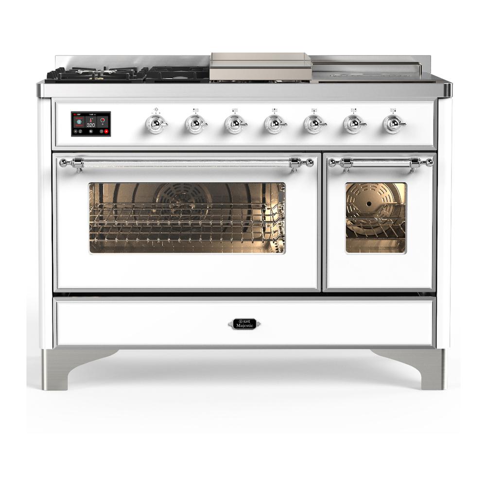 Ilve UM48FSNR3WHC Ilve Um48Fsnr3Whc Majestic Iii 48 Inch Dual Fuel Range With 5 Black Brass Burners, Griddle And French Top, Dual Function Burner Up To 25,000 Btu (Natural Gas, Triple Glass Door, White, Chrome)