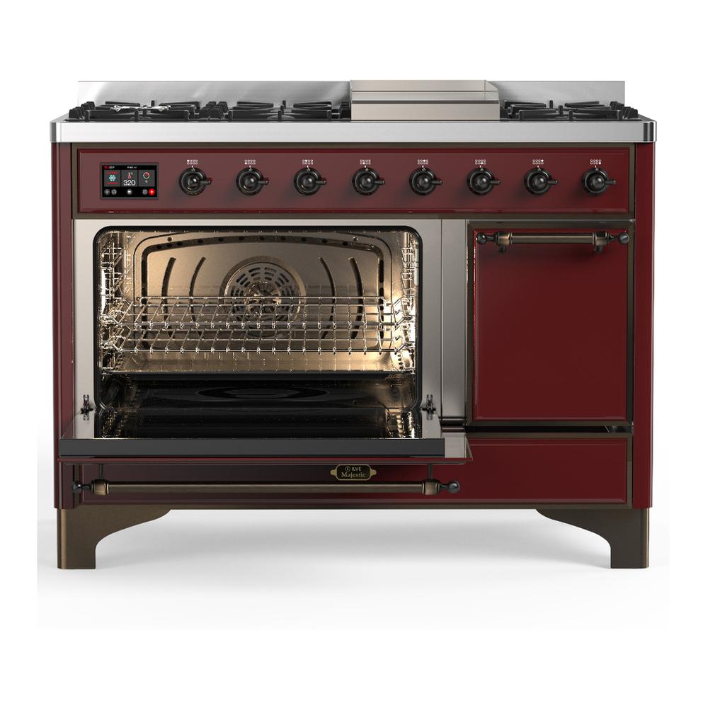 Ilve UM48FQNR3BUBLP Ilve Um48Fqnr3Bublp Majestic Iii 48 Inch Dual Fuel Range With 8 Burners And Griddle, Dual Function Burner Up To 25,000 Btu (Liquid Propane, Solid Door, Burgundy, Burnished)