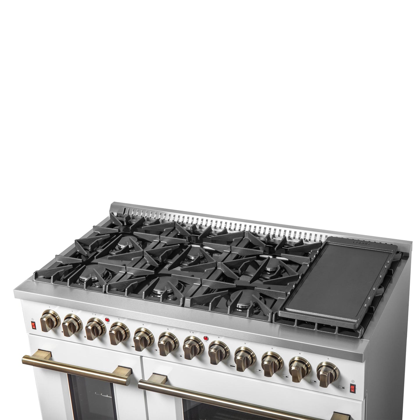 Forno FFSGS615648WHT Galiano 48-Inch Dual Fuel Range White & Antique Brass Design With 8 Sealed Burners 107,000 Btu, 6.58 Cu. Ft. Double Ovens & Griddle