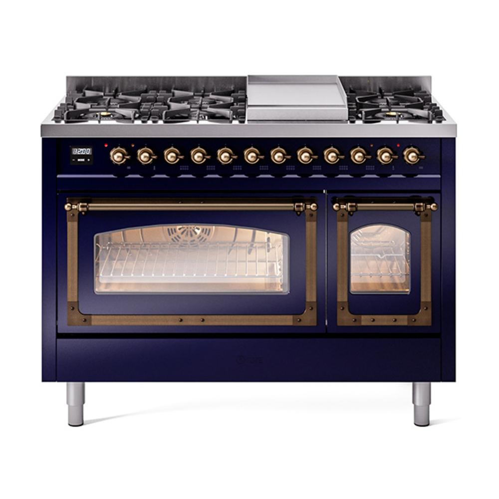 Ilve UN48FNMPMBBLP Ilve Un48Fnmpmbblp Nostalgie Ii Noblesse 48" Dual Fuel Range (8 Sealed Burners + Griddle, Liquid Propane, Triple Glass Door, Midnight Blue, Burnished)