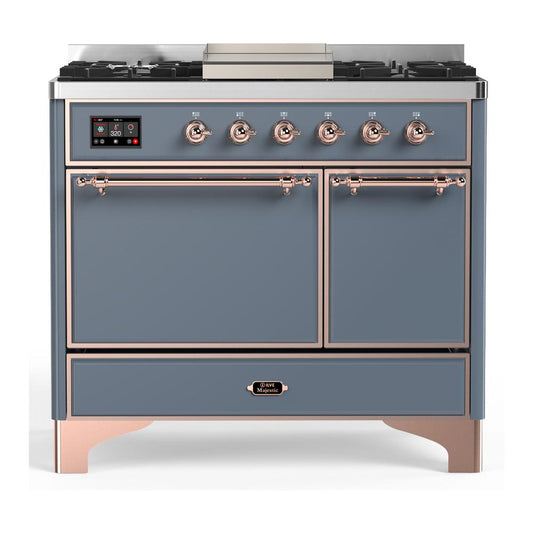 Ilve UMD40FQNR3BGPLP Ilve Umd40Fqnr3Bgplp Majestic Iii 40 Inch Dual Fuel Range With 6 Burners And Griddle, Dual Function Burner Up To 25,000 Btu (Liquid Propane, Solid Door, Blue Grey, Copper)