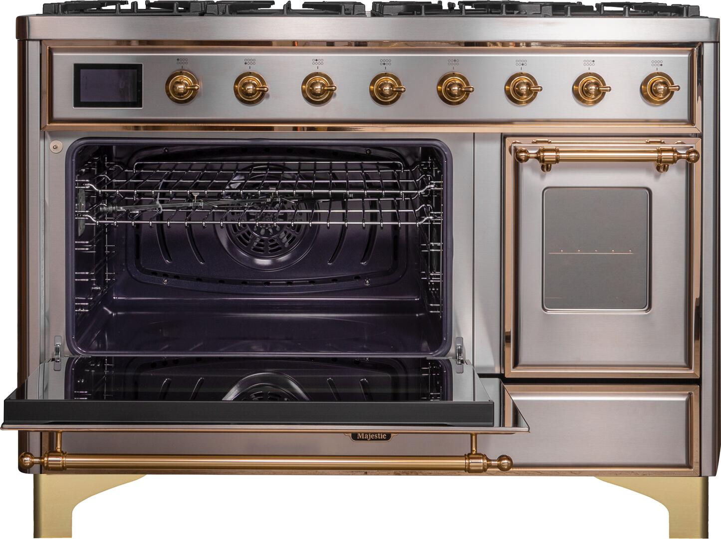 Ilve UM12FDNS3SSG Majestic Ii 48 Inch Dual Fuel Natural Gas Freestanding Range In Stainless Steel With Brass Trim