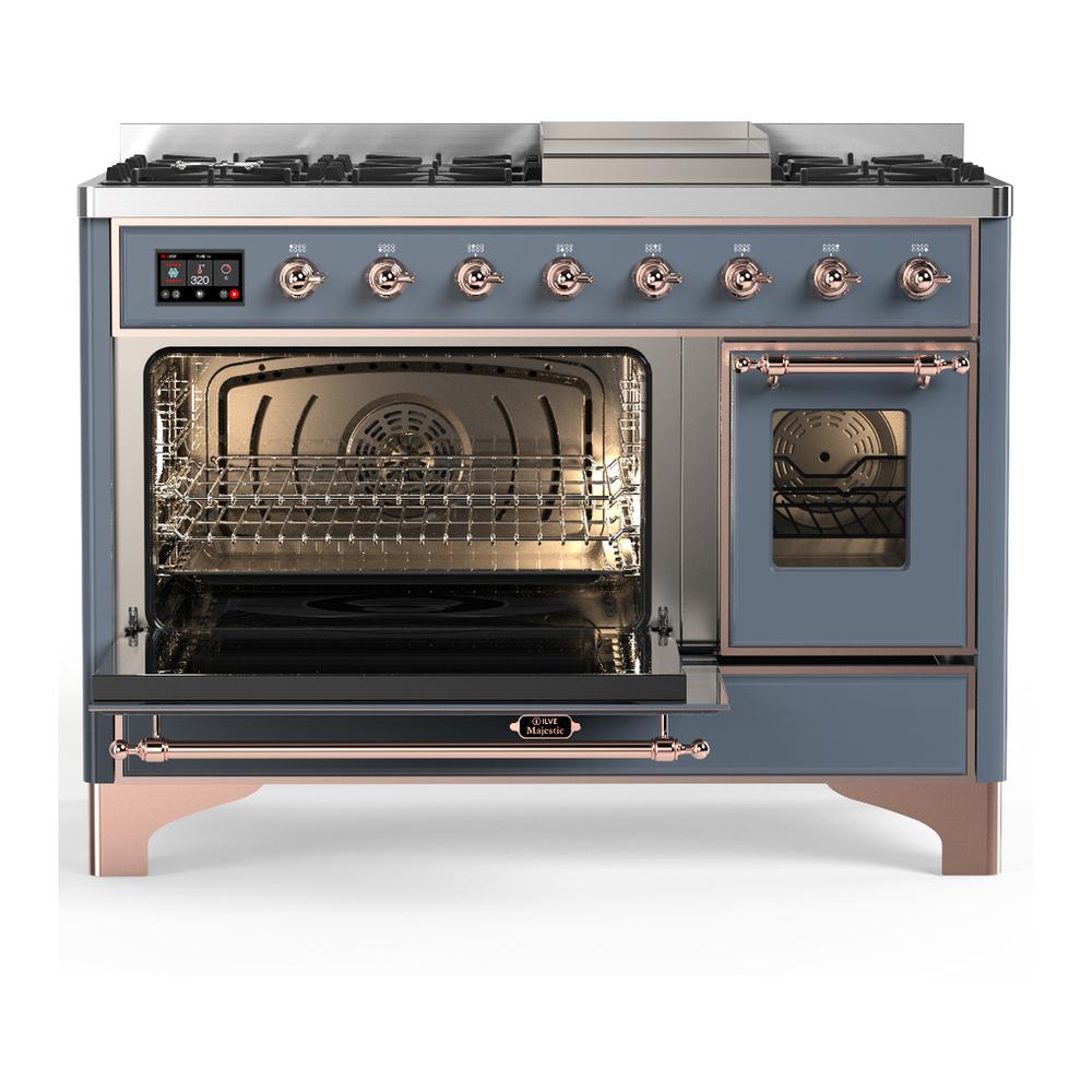 Ilve UM48FNR3BGP Ilve Um48Fnr3Bgp Majestic Iii 48 Inch Dual Fuel Range With 8 Burners And Griddle, Dual Function Burner Up To 25,000 Btu (Natural Gas, Triple Glass Door, Blue Grey, Copper)