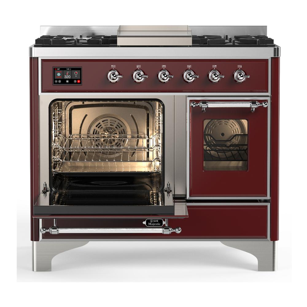 Ilve UMD40FNR3BUC Ilve Umd40Fnr3Buc Majestic Iii 40 Inch Dual Fuel Range With 6 Burners And Griddle, Dual Function Burner Up To 25,000 Btu (Natural Gas, Triple Glass Door, Burgundy, Chrome)