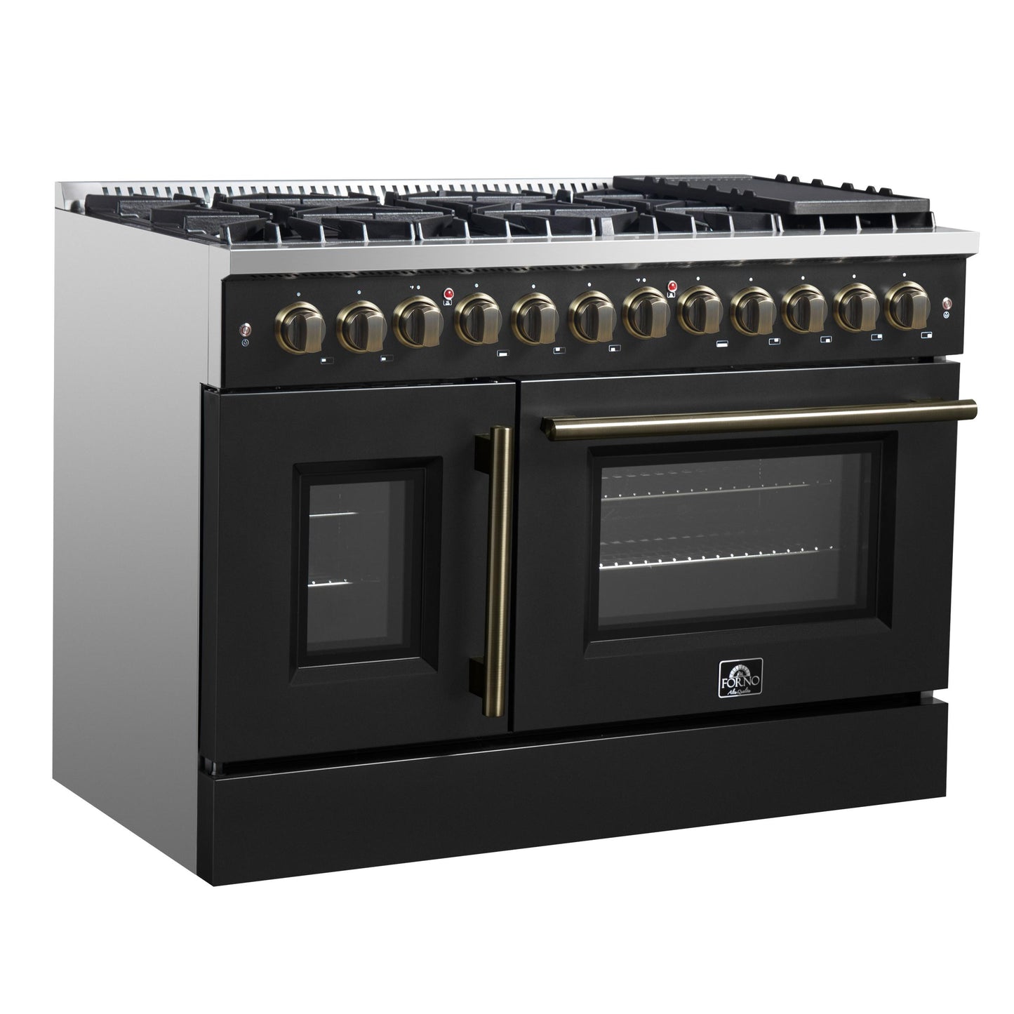 Forno FFSGS635648BLK Forno Galiano 48-Inch French Door Dual Fuel Range, Black & Antique Brass Design, 8 Sealed Burners - 107,000 Btu, Griddle, 6.58 Cu.Ft. Double Ovens