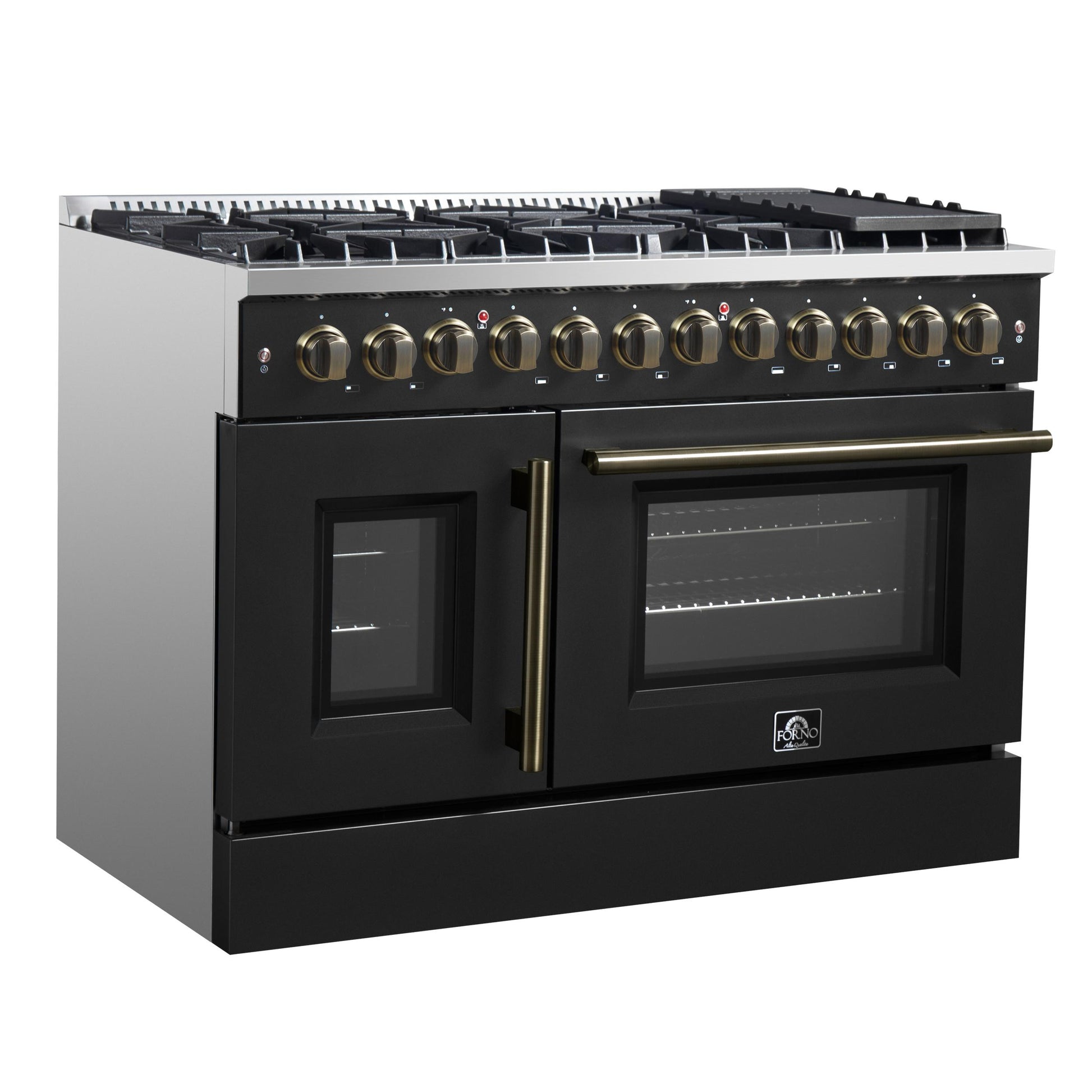 Forno FFSGS635648BLK Forno Galiano 48-Inch French Door Dual Fuel Range, Black & Antique Brass Design, 8 Sealed Burners - 107,000 Btu, Griddle, 6.58 Cu.Ft. Double Ovens