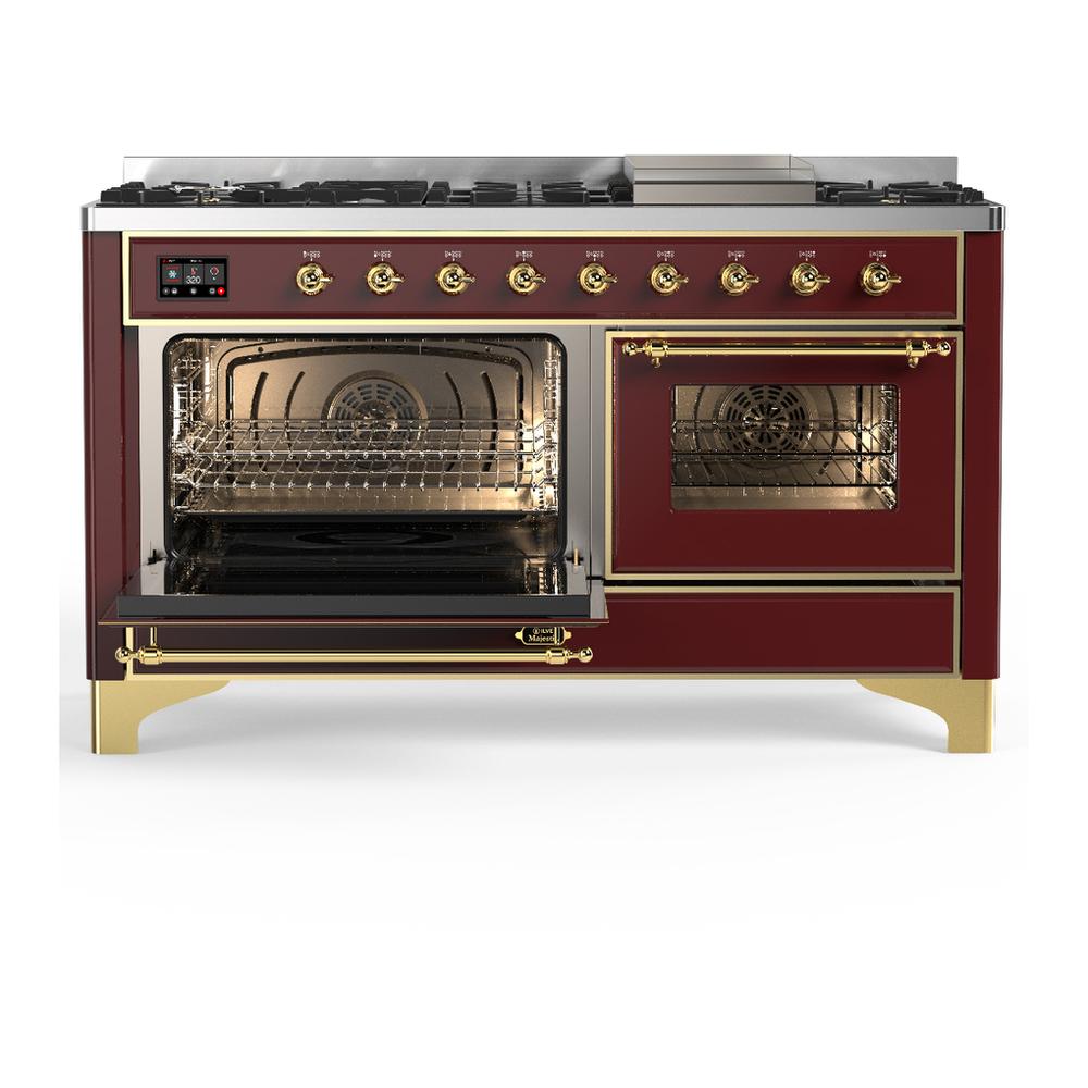 Ilve UM60FNR3BUGLP Ilve Um60Fnr3Buglp Majestic Iii 60 Inch Dual Fuel Range With 9 Burners And Griddle, Dual Function Burner Up To 25,000 Btu (Liquid Propane, Triple Glass Door, Burgundy, Brass)