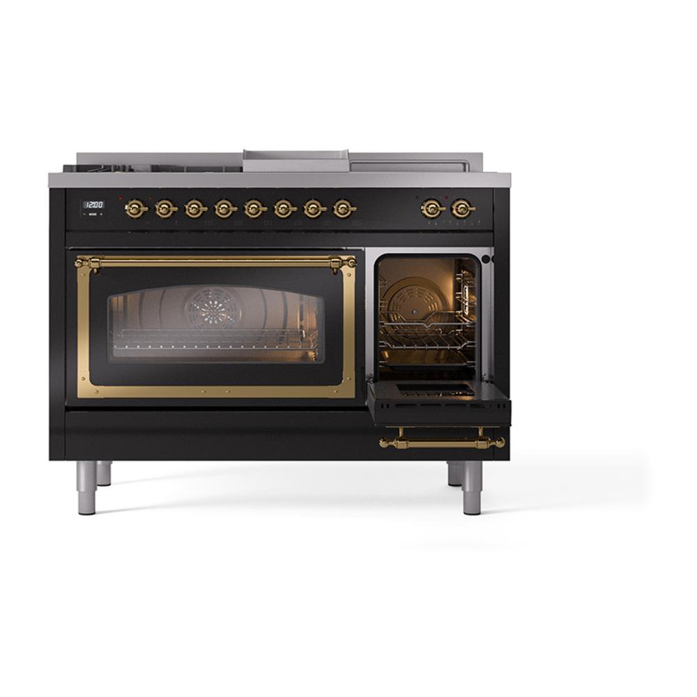 Ilve UN48FSNMPBKG Ilve Un48Fsnmpbkg Nostalgie Ii Noblesse 48" Dual Fuel Range (5 Sealed Burners + Griddle + French Top, Natural Gas, Triple Glass Door, Glossy Black, Brass)