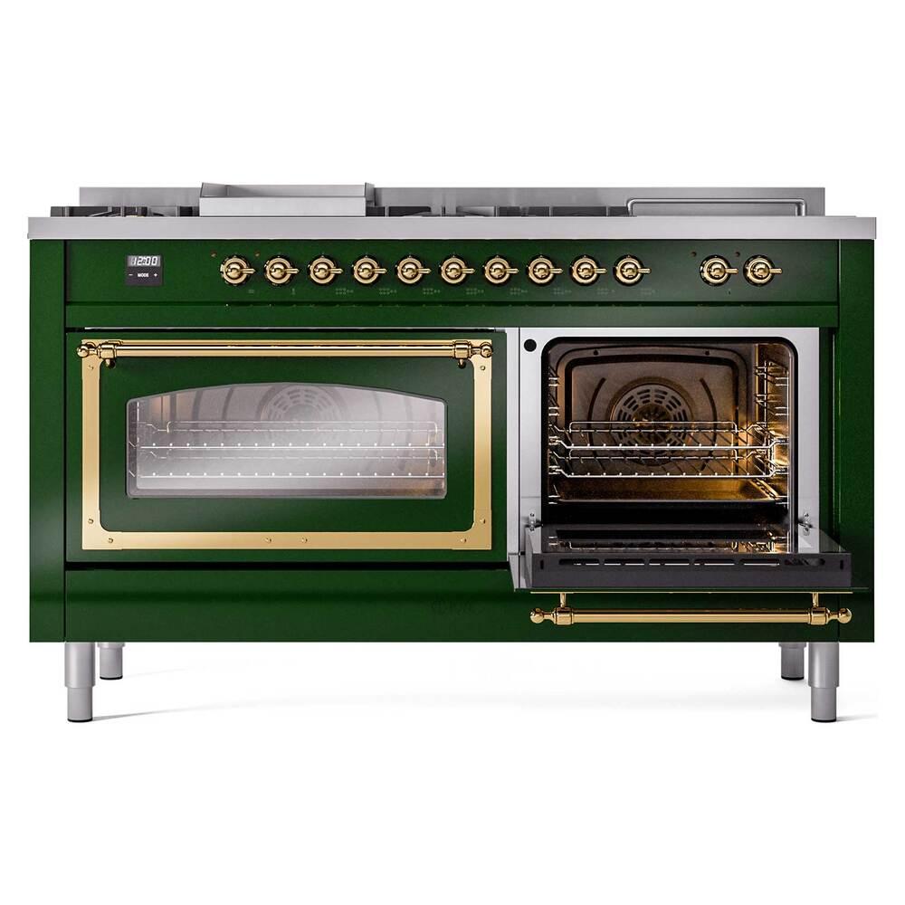 Ilve UN60FSNMPEGG Ilve Un60Fsnmpegg Nostalgie Ii Noblesse 60" Dual Fuel Range (7 Sealed Burners + Griddle + French Top, Natural Gas, Triple Glass Door, Emerald Green, Brass)