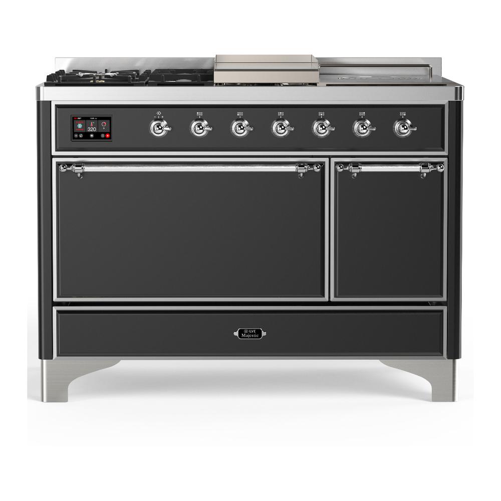 Ilve UM48FSQNR3MGC Ilve Um48Fsqnr3Mgc Majestic Iii 48 Inch Dual Fuel Range With 5 Black Brass Burners, Griddle And French Top, Dual Function Burner Up To 25,000 Btu (Natural Gas, Solid Door, Graphite Matte, Chrome)