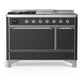 Ilve UM48FSQNR3MGC Ilve Um48Fsqnr3Mgc Majestic Iii 48 Inch Dual Fuel Range With 5 Black Brass Burners, Griddle And French Top, Dual Function Burner Up To 25,000 Btu (Natural Gas, Solid Door, Graphite Matte, Chrome)