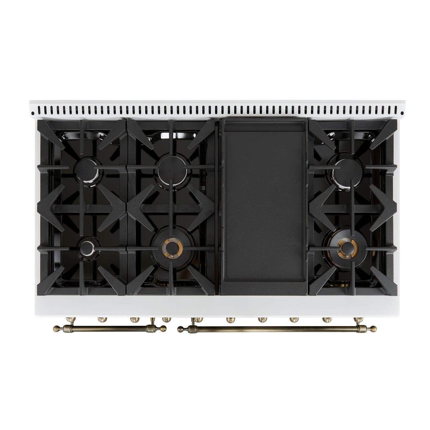 Forno FFSGS611348WHT Forno Antico 48-Inch Dual Fuel Range, White With Antique Brass Finish, 8 Burners, 94,000 Btu, 5.5 Cu.Ft. Double Ovens & Griddle
