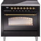 Ilve UPI366NMPBKG Nostalgie Ii 36 Inch Electric Freestanding Range In Glossy Black With Brass Trim