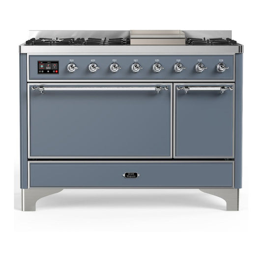 Ilve UM48FQNR3BGC Ilve Um48Fqnr3Bgc Majestic Iii 48 Inch Dual Fuel Range With 8 Burners And Griddle, Dual Function Burner Up To 25,000 Btu (Natural Gas, Solid Door, Blue Grey, Chrome)
