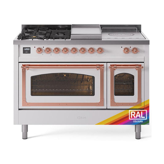 Ilve UN48FSNMPRAPLP Ilve Un48Fsnmpraplp Nostalgie Ii Noblesse 48" Dual Fuel Range (5 Sealed Burners + Griddle + French Top, Liquid Propane, Triple Glass Door, Ral, Copper)