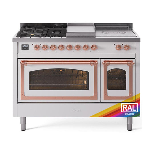 Ilve UN48FSNMPRAPLP Ilve Un48Fsnmpraplp Nostalgie Ii Noblesse 48" Dual Fuel Range (5 Sealed Burners + Griddle + French Top, Liquid Propane, Triple Glass Door, Ral, Copper)