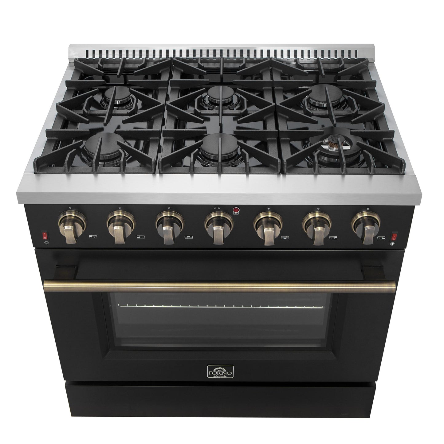 Forno FFSGS624436BLK Forno Galiano 36-Inch Freestanding Gas Range In Black With Antique Brass Design, 6 Burners, 83,000 Btu, 5.36 Cu.Ft. Convection Oven