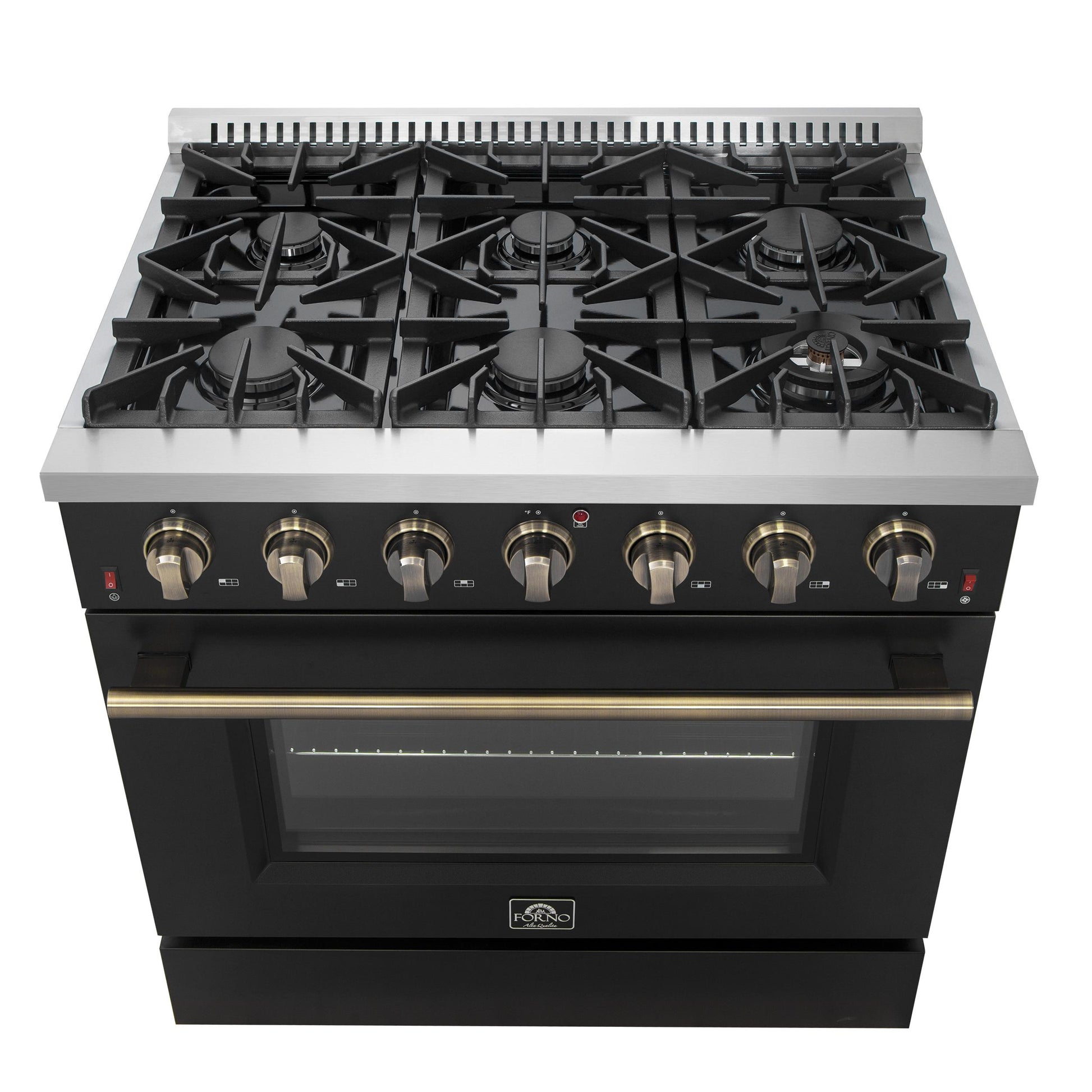 Forno FFSGS624436BLK Forno Galiano 36-Inch Freestanding Gas Range In Black With Antique Brass Design, 6 Burners, 83,000 Btu, 5.36 Cu.Ft. Convection Oven