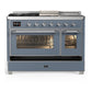 Ilve UM48FSNR3BGC Ilve Um48Fsnr3Bgc Majestic Iii 48 Inch Dual Fuel Range With 5 Black Brass Burners, Griddle And French Top, Dual Function Burner Up To 25,000 Btu (Natural Gas, Triple Glass Door, Blue Grey, Chrome)
