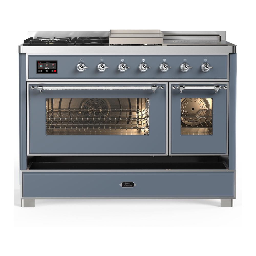 Ilve UM48FSNR3BGC Ilve Um48Fsnr3Bgc Majestic Iii 48 Inch Dual Fuel Range With 5 Black Brass Burners, Griddle And French Top, Dual Function Burner Up To 25,000 Btu (Natural Gas, Triple Glass Door, Blue Grey, Chrome)
