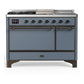 Ilve UM48FSQNR3BGB Ilve Um48Fsqnr3Bgb Majestic Iii 48 Inch Dual Fuel Range With 5 Black Brass Burners, Griddle And French Top, Dual Function Burner Up To 25,000 Btu (Natural Gas, Solid Door, Blue Grey, Burnished)