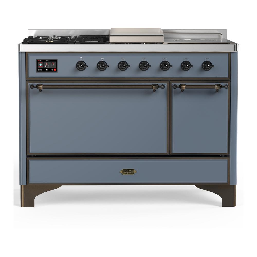 Ilve UM48FSQNR3BGB Ilve Um48Fsqnr3Bgb Majestic Iii 48 Inch Dual Fuel Range With 5 Black Brass Burners, Griddle And French Top, Dual Function Burner Up To 25,000 Btu (Natural Gas, Solid Door, Blue Grey, Burnished)