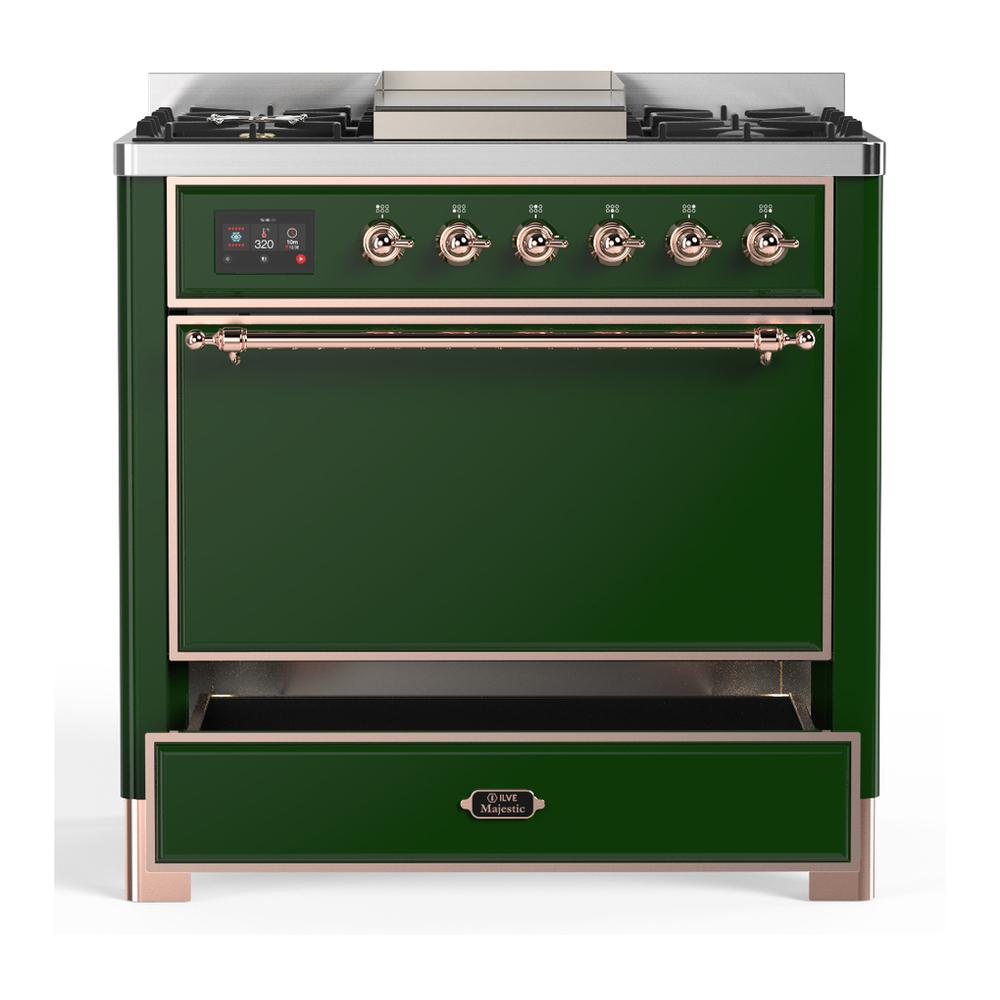 Ilve UM36FQNR3EGP Ilve Um36Fqnr3Egp Majestic Iii 36 Inch Dual Fuel Range With 6 Black Brass Burners And Griddle, Dual Function Burner Up To 25,000 Btu (Solid Door, Emerald Green, Copper, Natural Gas)
