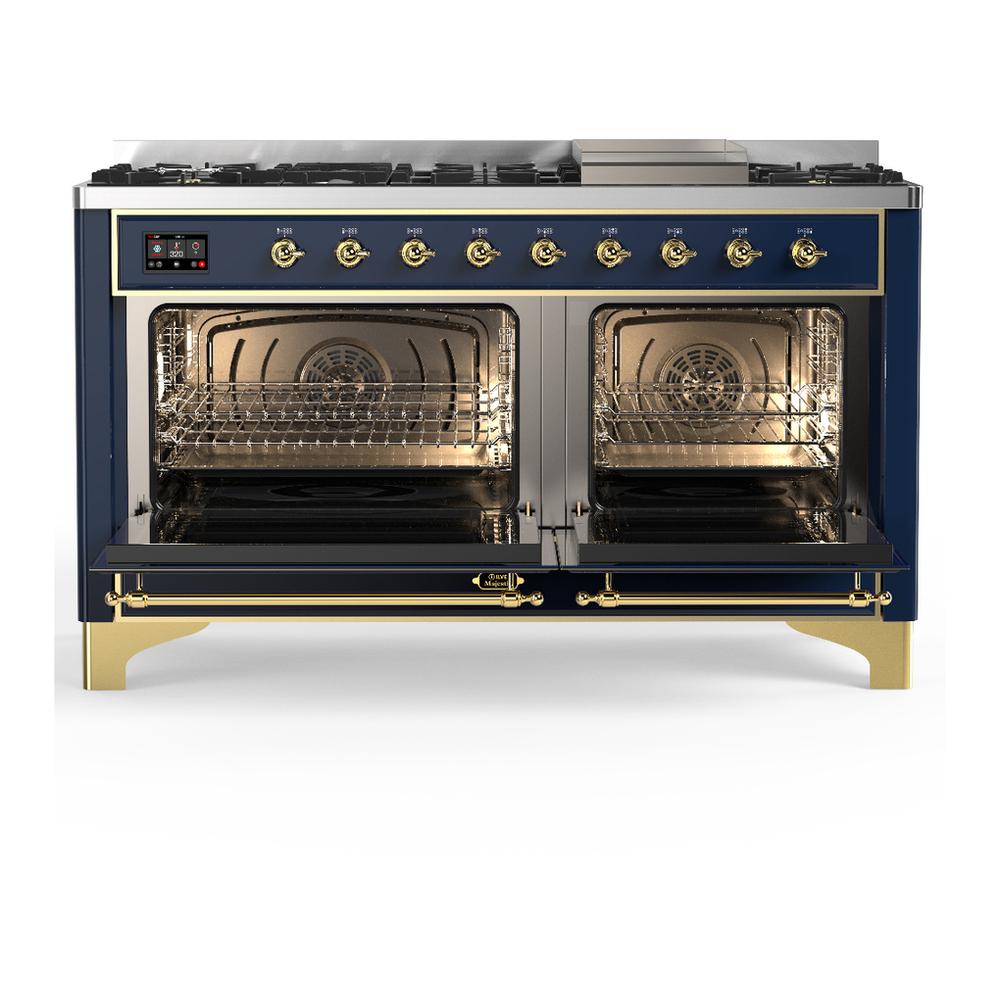 Ilve UM60FNR3MBG Ilve Um60Fnr3Mbg Majestic Iii 60 Inch Dual Fuel Range With 9 Burners And Griddle, Dual Function Burner Up To 25,000 Btu (Natural Gas, Triple Glass Door, Midnight Blue, Brass)