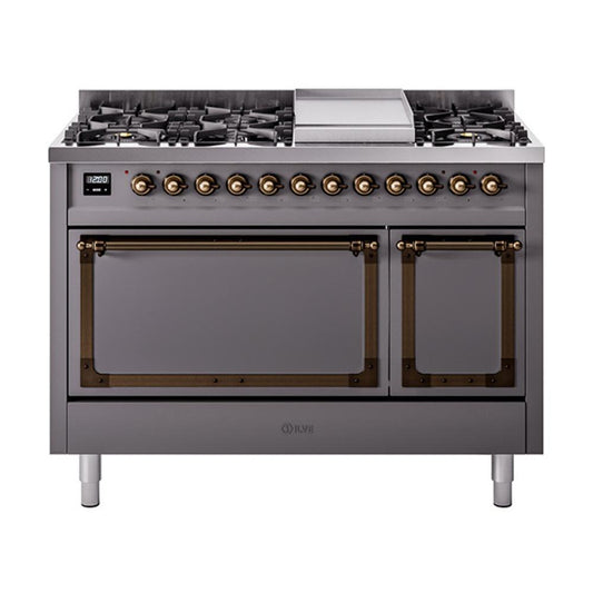Ilve UN48FQNMPMGB Ilve Un48Fqnmpmgb Nostalgie Ii Noblesse 48" Dual Fuel Range (8 Sealed Burners + Griddle, Natural Gas, Solid Door, Graphite Matte, Burnished)