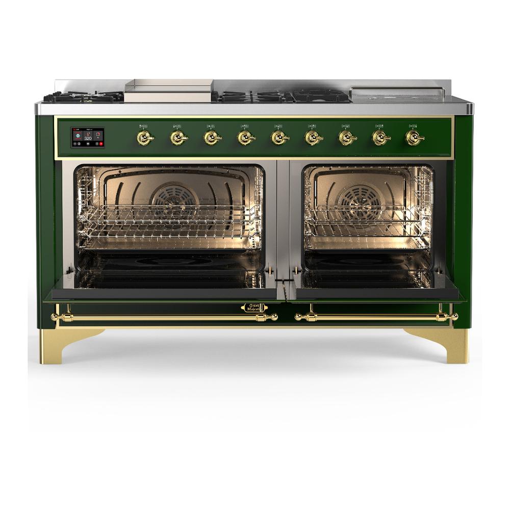 Ilve UM60FSQNR3EGG Ilve Um60Fsqnr3Egg Majestic Iii 60 Inch Dual Fuel Range With 7 Burners, Griddle And French Top, Dual Function Burner With Up To 25,000 Btu (Natural Gas, Solid Door, Emerald Green, Brass)