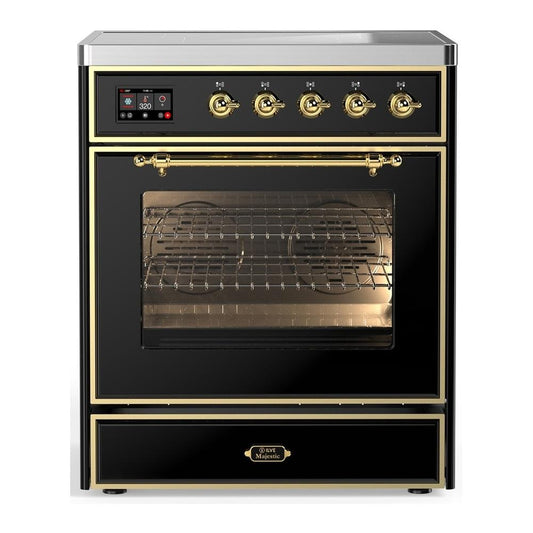 Ilve UMIB30NR3BKG Ilve Umib30Nr3Bkg Majestic Iii 30 Inch Induction Range With 4 Elements, 4 Cu. Ft. Oven Capacity (Triple Glass Door, Glossy Black, Brass)